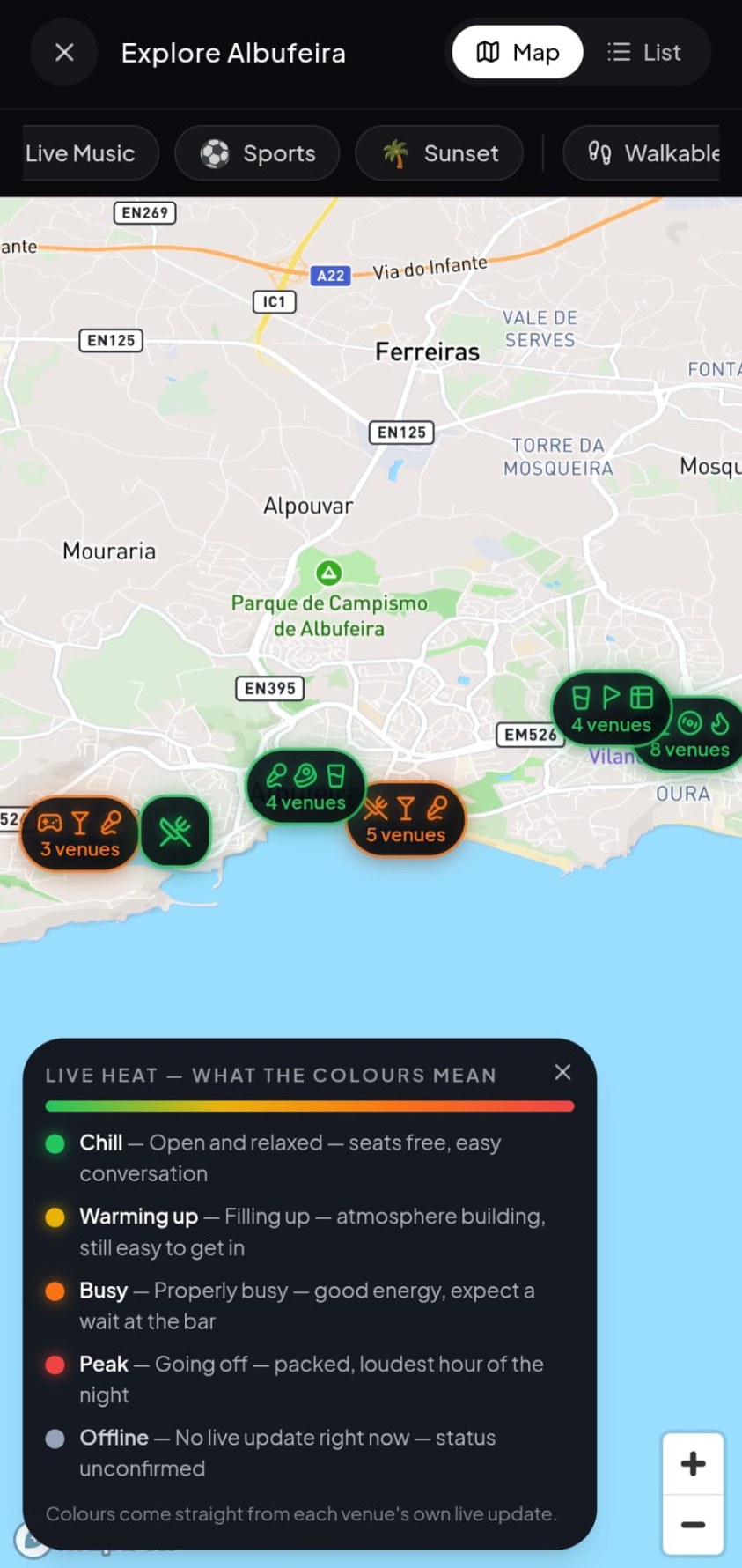 VybeRightNow live map of Albufeira with live heat colours