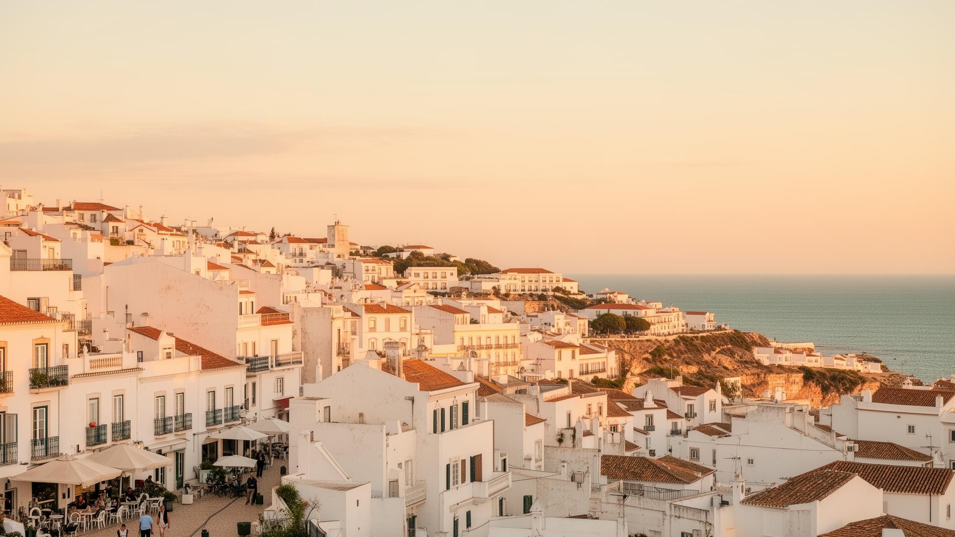 Golden-hour view of Albufeira's whitewashed old town overlooking the Atlantic